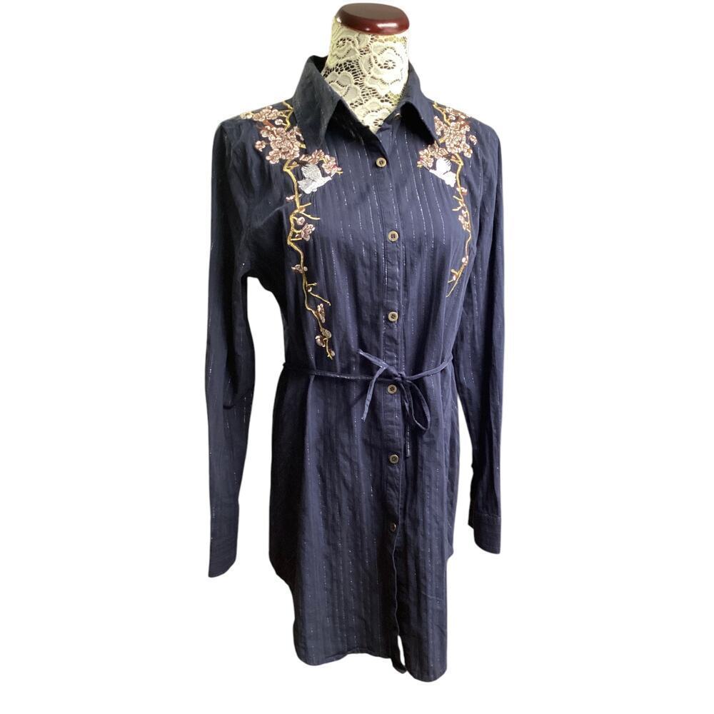 Como no long sleeve tunic button down shirt dress L Navy